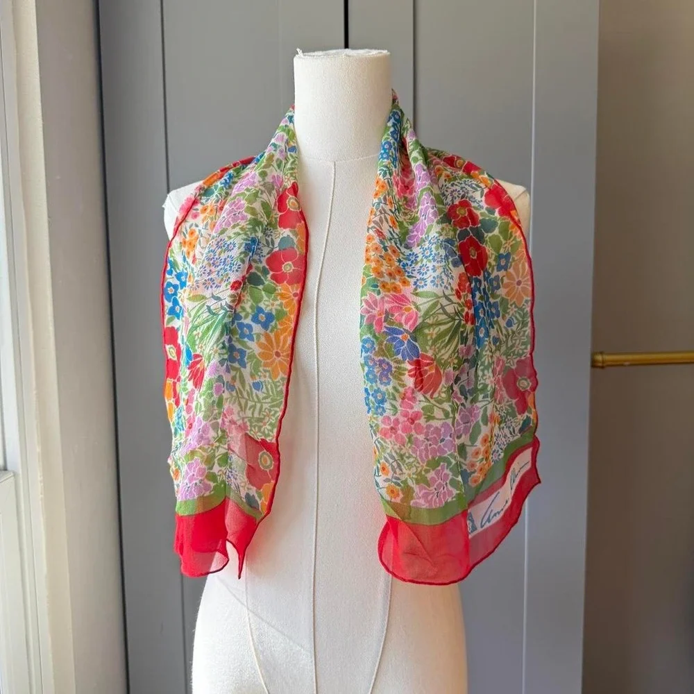 Anne Klein Vintage Floral Silk Scarf Signed Oblong 12x43